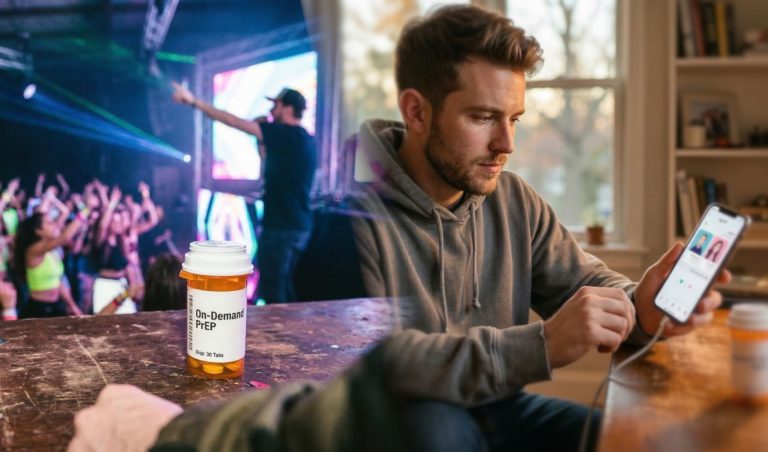 A split-screen photo depicting two different scenes. To the left, someone is standing over a pill bottle labeled "On-Demand PrEP" at a nightclub. To the right, someone is browsing a dating site while over a similar pill bottle - it's blurry, but is meant to be daily PrEP.
