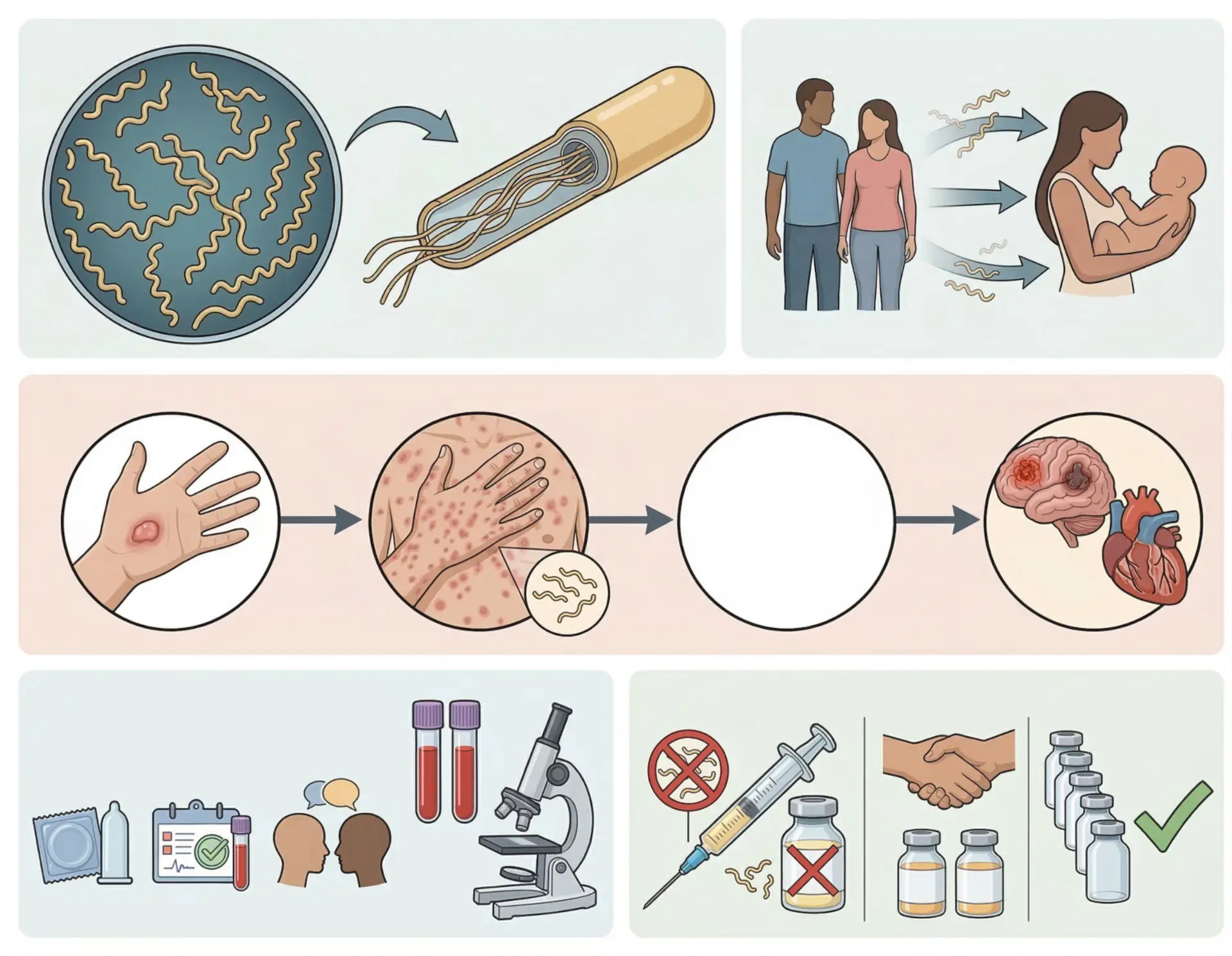 A detailed, informative illustration related to syphilis prevention and treatment.